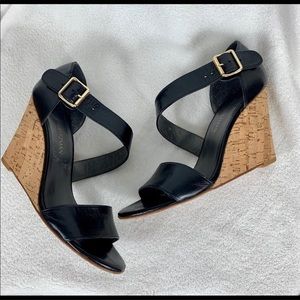 Stuart Weitzman Black leather cork wedge sandals.